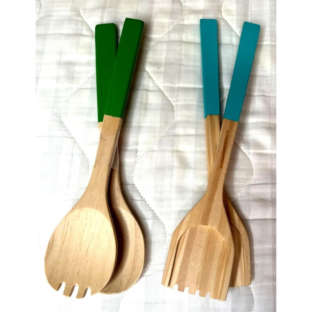 Two Sets Wooden Cooking Utensils New Teal and Green